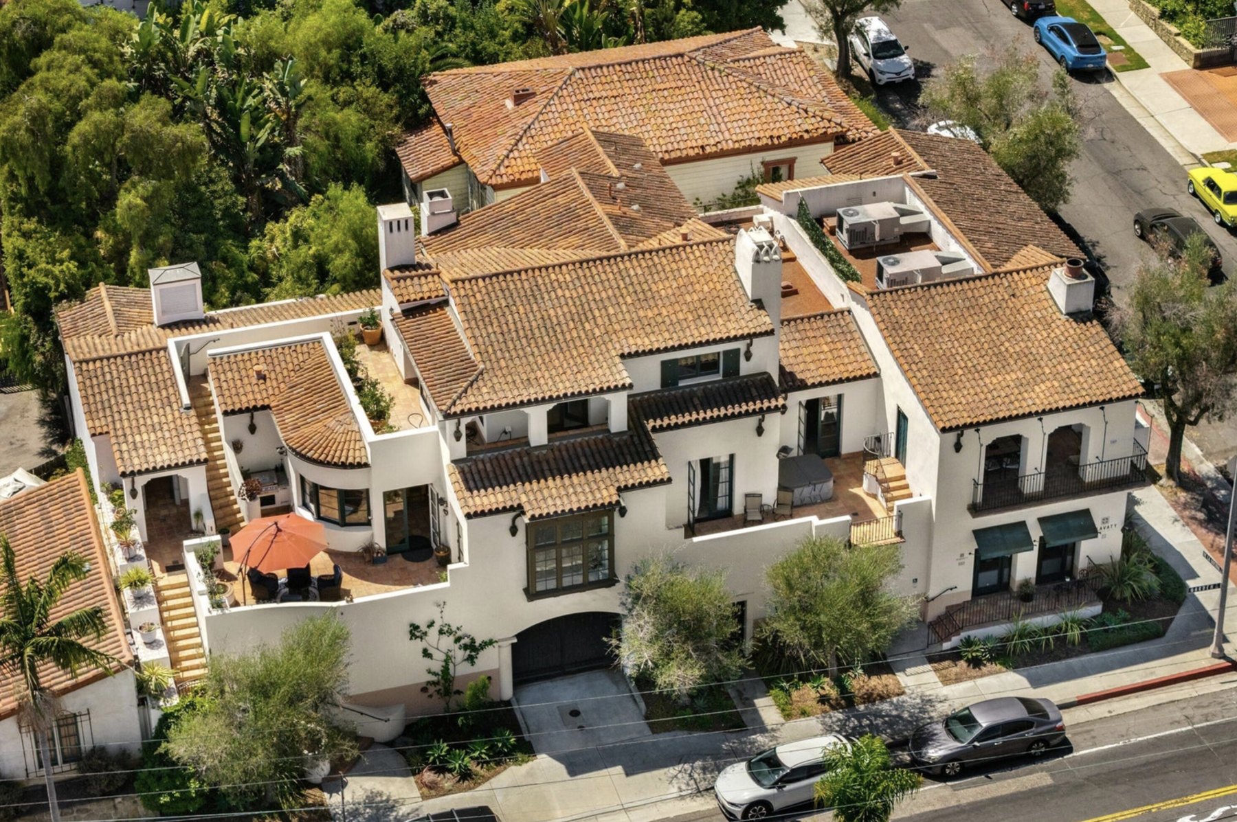 Aerial of 727 Garden Street and its red tile roofs